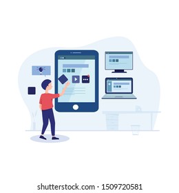 UX / UI design concept with character and text place. Can use for web banner, infographics, hero images. Flat isometric vector illustration isolated on white background.