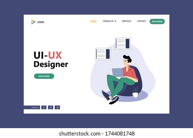 UX / UI design concept with character and text place. Flat vector illustration with white background.