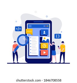 UX / UI design concept with character. Programmer creates a custom design for a mobile application. Modern flat style for landing page, mobile app, poster, web banner, infographics, hero images.