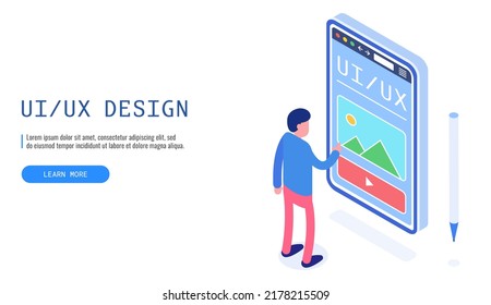 UX | UI design concept with character and text place. Man working on a design project. Web banner. Vector illustration.