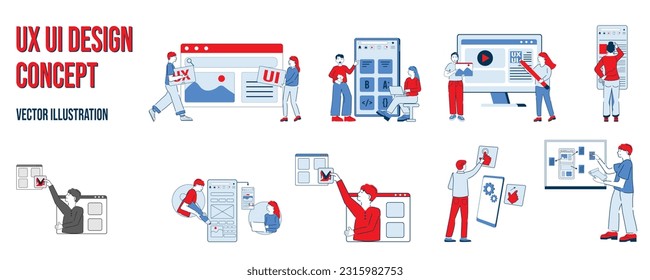 Concepto de diseño de interfaz de usuario de UX con carácter que participa en elementos de interfaz de aplicación. Ilustración vectorial plana aislada en el fondo blanco eps10.