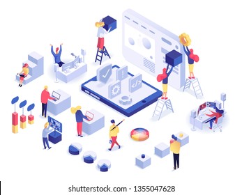 UX UI design concept with a lot of characters. Developers and specialists testing website and mobile application flat isometric vector illustration isolated on white background