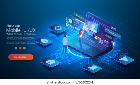 UX / UI Design Concept  Conceptual Laptop With A Disassembled Interface. People Interact With Parts Of The Interface. User Experience. Flat Isometric Vector Illustration Isolated On Blue Background.