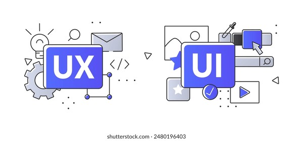 UX und UI Design Konzept. Entwicklung von Website oder Webseite. Grafikelemente für mobile Anwendungen und Programme, Software. Flache lineare Vektorillustration auf weißem Hintergrund