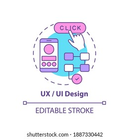 UX und UI Design Concept Symbol. Karriere in der IT für kreative Denker. Erstellen einer konvektiven Website für Benutzer Idee dünne Linie Illustration. Vektorgrafik einzeln Umriss RGB Farbzeichnung. Bearbeitbarer Hub