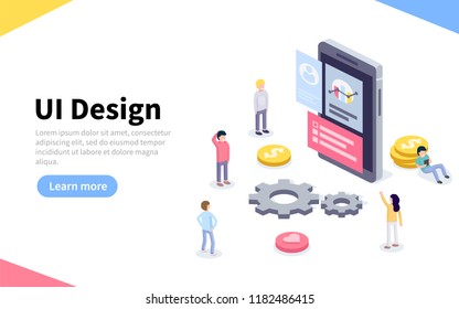 UX / UI design concept. People standing around device with infographic. Software group, kit for phone seo programming. UX, digital hero creative flat isometric. Vector illustration