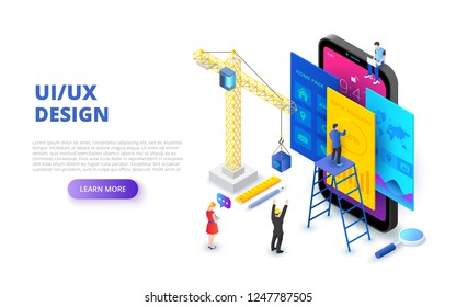 UX / UI design concept with smartphone, crane and people. Isometric vector illustration. Landing page template for web.