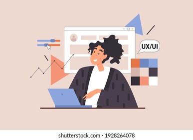 UX UI Design Concept. Vector Illustration. Woman Creates A Website. UX UI Designer, Modern Job, User Experience And User Interface Design Education Courses. Woman Works On A Laptop.