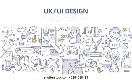 UX UI design. Concept of woman designer creating user interface for application for better user experience. Doodle vector illustration in linear style