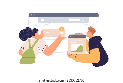 UX UI design and creating website content concept. Web designers at screen, working with page interface, arranging text and banners on layout. Flat vector illustration isolated on white background