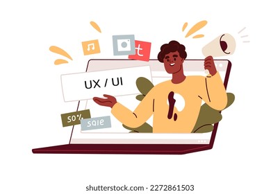 Desarrollo de diseño de interfaz de usuario UX, curso creativo en línea. Educación en Internet para diseñadores web, desarrolladores de sitios web. E-learning, concepto de escuela virtual. Ilustración vectorial plana aislada en fondo blanco