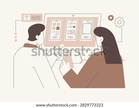 UX UI design isolated cartoon vector illustrations. Group of UX UI design students test mobile app interface, web development process, higher education, bachelor degree vector cartoon.