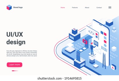 Ux ui design isometric vector illustration. Cartoon 3d coder programmer man character create code in website development process, developer working on new software program project landing page