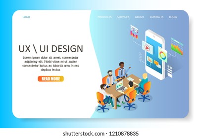 UX or UI design landing page website template. Vector isometric illustration. Mobile application user interface development concept.