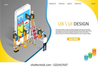 UX Or UI Design Landing Page Website Template. Vector Isometric Illustration. Mobile App User Interface Development Concept.