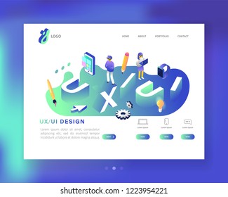 UX and UI Design Landing Page Template. Mobile App and Website Development. Isometric Web Page Layout. Easy to edit and customize. Vector illustration
