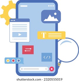 UX  UI design, landing page template. Designer creates structure of information blocks of mobile application, Programmer at workplace, Coding, interface and software app development. Flat vector