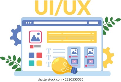 UX  UI design, landing page template. Designer creates structure of information blocks of mobile application, Programmer at workplace, Coding, interface and software app development. Flat vector