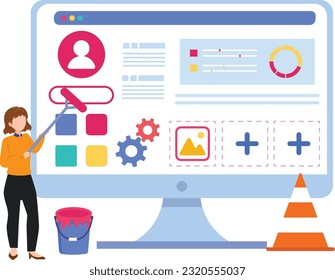 UX  UI design, landing page template. Designer creates structure of information blocks of mobile application, Programmer at workplace, Coding, interface and software app development. Flat vector