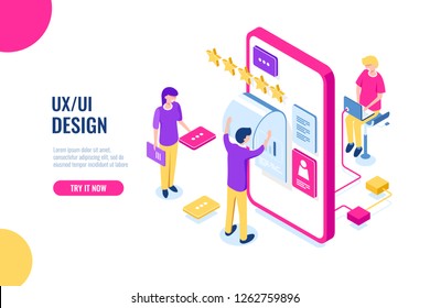 UX UI Design, mobile development application, user interface building, mobile phone screen, people work and help together, programming for smartphone, isometric flat vector illustration