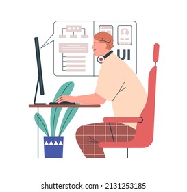 UX UI design online course. Person studying at computer via internet. Web designer at work process. Distant virtual remote education concept. Flat vector illustration isolated on white background