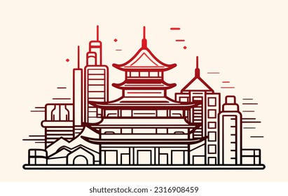 Ux and Ui design panorama,bold line style logo, flat illustration, China city landmark building