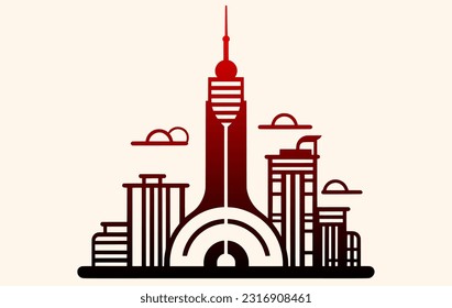Ux and Ui design panorama,bold line style logo, flat illustration, China city landmark building