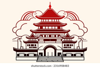 Ux and Ui design panorama,bold line style logo, flat illustration, China city landmark building