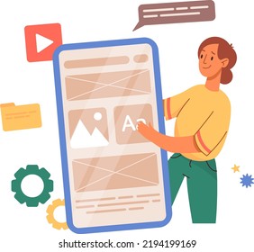 UX and UI design, programming concept banner, landing page. Female Designer team working on mobile app. Prototyping or coding web page or mobile app. Cms development.