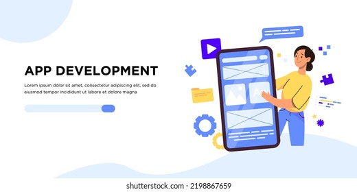 UX and UI design, programming concept banner, landing page. Female Designer team working on mobile app. Prototyping or coding web page or mobile app. Cms development.