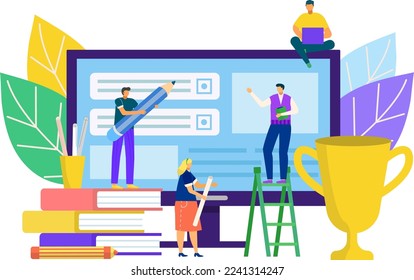 Ux ui design technology concept, vector illustration. People worker character make interface development at huge computer screen. Flat graphic