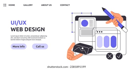 UX UI design web page. Interface for webpage. Landing page design. Mobile application and program, software. Front end and back end devlopment. Cartoon flat vector illustration