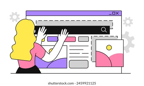 Ux ui design woman simple. Young girl develop graphic elements for webpage and site. Graphic designer and freelancer with articles. Doodle flat vector illustration isolated on white background