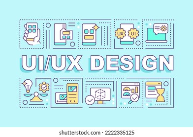 Banner turquesa de conceptos de palabra de diseño de interfaz de usuario UX. Principios de la experiencia del usuario. Infografía con iconos editables en el fondo del color. Tipografía aislada. Ilustración vectorial con texto. Fuente Arial-Black utilizada