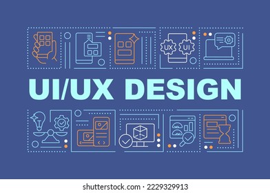 UX UI design word concepts dark blue banner. User interface basics. Infographics with editable icons on color background. Isolated typography. Vector illustration with text. Arial-Black font used