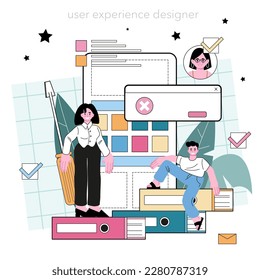 UX and UI designer. App or website interface development. User interface design and user experience construction. Modern digital technology. Flat vector illustration