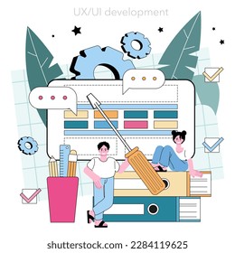 UX and UI designer. App or website interface development. User interface design and user experience construction. Modern digital technology. Flat vector illustration