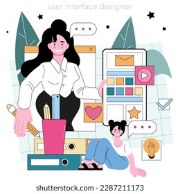 UX and UI designer. App or website interface development. User interface design and user experience construction. Modern digital technology. Flat vector illustration
