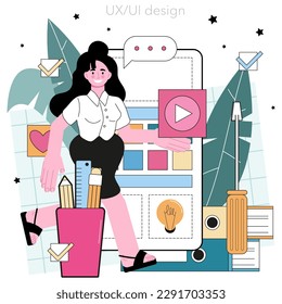 UX and UI designer. App or website interface development. User interface design and user experience construction. Modern digital technology. Flat vector illustration
