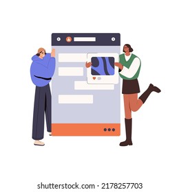 UX UI designer building mobile app interface design. Abstract phone application and people editors creating, uploading content to social media. Flat vector illustration isolated on white background
