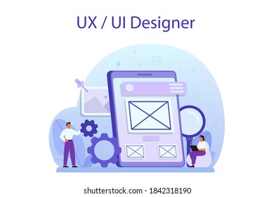 Concepto de diseñador de interfaz de usuario UX. Mejora de la interfaz de la aplicación para el usuario. Concepto de tecnología moderna. Ilustración vectorial plana