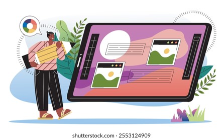 Conceito de designer de interface do usuário do UX. Homem com lápis grande perto do monitor do computador. Designer gráfico e artista digital. Freelancer ganha dinheiro na internet. Ilustração de vetor plano isolada no plano de fundo branco