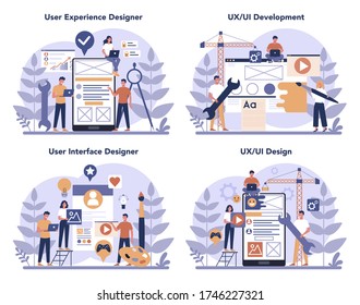 UX UI designer concept set. App interface improvement for user. Modern technology concept. Flat vector illustration