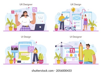UX und UI Designer Konzeptset. Verbesserung der App-Schnittstelle. Benutzerschnittstellendesign und Benutzererlebnisentwicklung. Moderne digitale Designindustrie. Flache Vektorgrafik