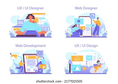 UX and UI designer concept set. App interface improvement. User interface design and user experience development. Modern digital design industry. Flat vector illustration