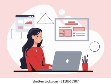 UX UI designer concept. Young female programmer develops software or user interface for website or application. Female character creates prototype of digital product. Cartoon flat vector illustration