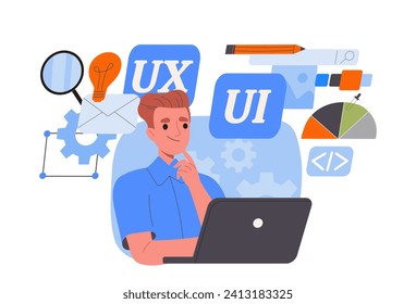 UX and UI designer. Man with laptop creating design elements for website. Young guy near pencil and palette with colors. Freelancer develop mobile app or program. Cartoon flat vector illustration