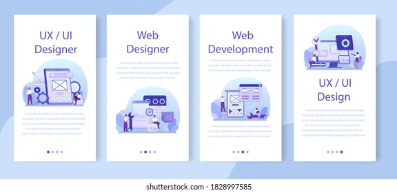 UX UI designer mobile application banner set. App interface improvement for user. Modern technology concept. Flat vector illustration