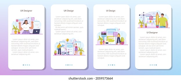 UX and UI designer mobile application banner set. App interface improvement. User interface design and user experience development. Modern digital design industry. Flat vector illustration