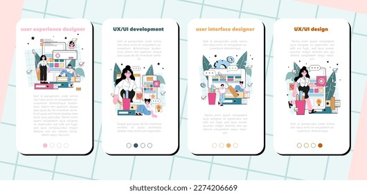 UX and UI designer mobile application banner set. App or website interface development. User interface design and user experience construction. Modern digital technology. Flat vector illustration